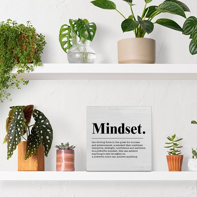 Inspirational Sign Mindset Definition Wooden Sign Home Office Decor 5 X 5 Inches Motivational Mindset Wood Block Signs for Desk Shelf Table