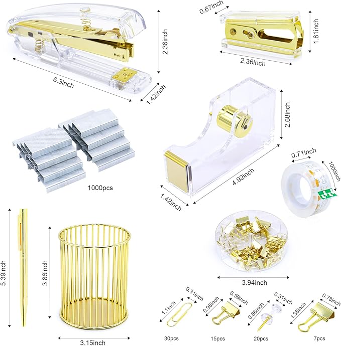 BOMEI PACK Desk Accessory Kit, Stapler and Staple Remover with 1000 Staples, Tape Dispenser with 1Rolls Transparent Tape, 1 Pen and Pencil Holder, Binder Clips, Paper Clips