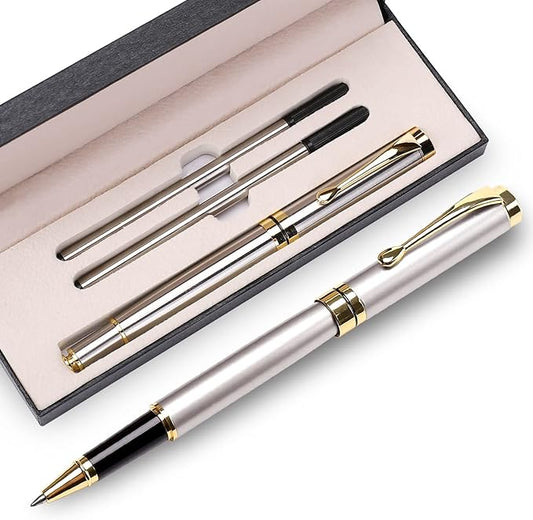 YIVONKA Luxury Ballpoint Pens Best Ball Pen Gift Set for Men & Women Professional Executive Office Nice BallPens Classy Gift Box Ballpoint Black Refill Line width 0.5mm (Silver)