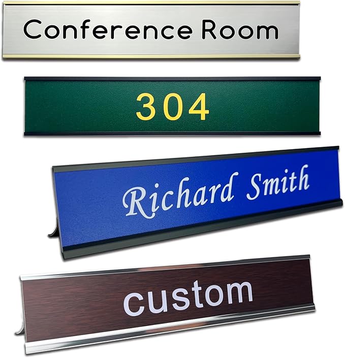 Personalized Desk Name Plates and Door Signs - Custom Office Desk or Door Name Plates with Aluminum Holder with Two Lines of Laser Engraved Text, 2X 10 inches Laser Engraved Sign - Customize