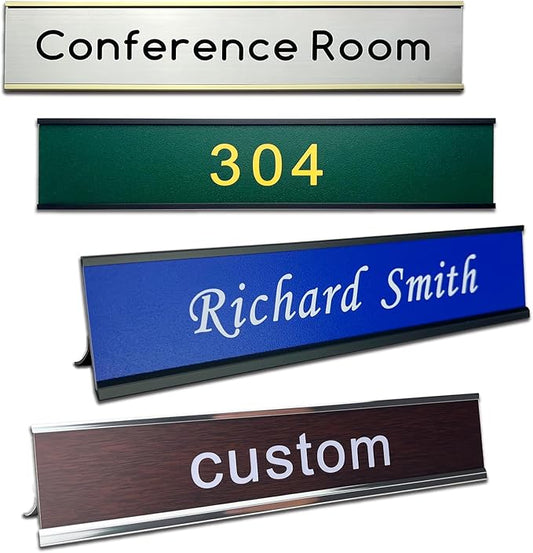 Personalized Desk Name Plates and Door Signs - Custom Office Desk or Door Name Plates with Aluminum Holder with Two Lines of Laser Engraved Text, 2X 10 inches Laser Engraved Sign - Customize
