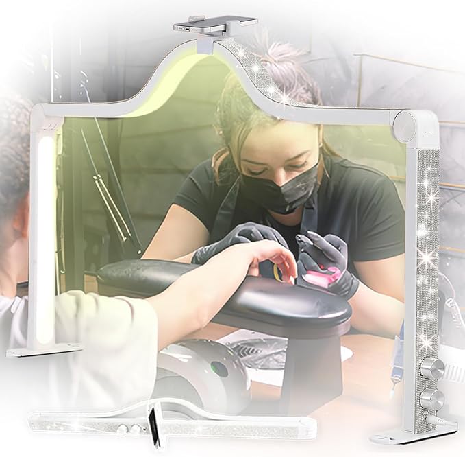 Half Moon Foldable LED Nail Tech Lamp for Desk, 35inch Adjustable 3000K-6000K Dimmable Manicure Table Lamp with Phone Holder (White)