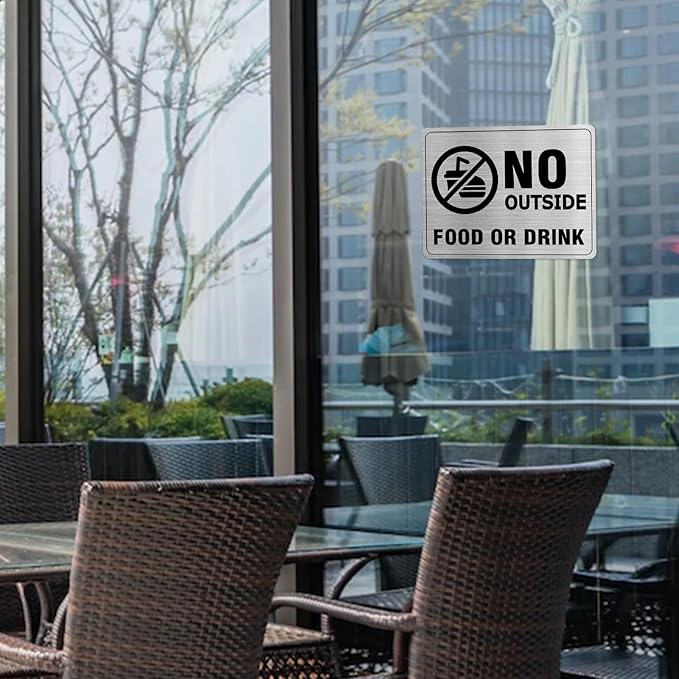 No Outside Food or Drink Sign Aluminum Silver 8 x 6 Inches Self-Adhesive Waterproof Metal Door Wall Sign for Business Restaurants 2 Pack