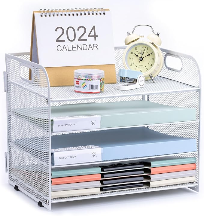 4-Tier Paper File Tray Organizer, Desk Organizer Tray with Handle, Mesh Desk File Organizer for Office Supplies Desktop Accessories - White