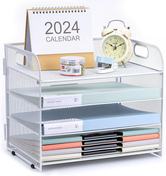 4-Tier Paper File Tray Organizer, Desk Organizer Tray with Handle, Mesh Desk File Organizer for Office Supplies Desktop Accessories - White
