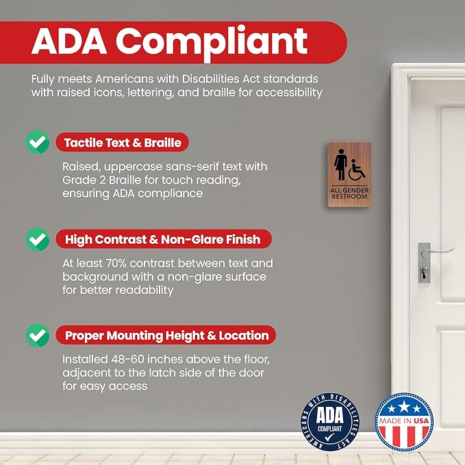 Promot All Gender Handicap Bathroom Sign – ADA Braille Restroom Sign for Business, Self-Adhesive, 9" x 6", Commercial Door Signage, Office Wall Decor - Chestnut