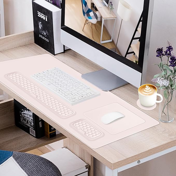 MOSISO Large Gaming Mouse Pad&Massage Keyboard Wrist Rest&Mousepad&Wrist Rest&Coaster,Ergonomic Non-Slip Base Pad Set&Pain Relief Easy Typing Cushion with Memory Foam for Home Office, Apricot