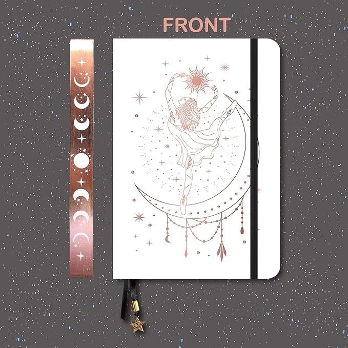 BUKE Medium A5 Hardcover Notebook Dotted Journal - 180Gsm Thick Bamboo Paper - 160 Dot Grid Pages 5x5 MM - White Color Faux PU Leather Cover - Rose Gold Edge And Moons (A5, White)