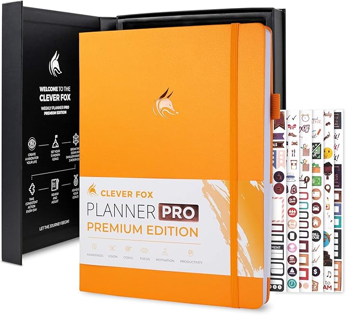 Clever Fox Planner Pro Premium – Luxurious Weekly & Monthly Planner with Budget Organizer for Productivity & Goals, Undated, A4 (Amber Yellow)