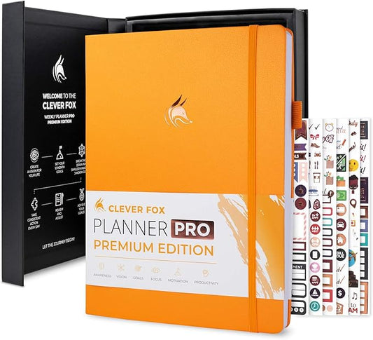 Clever Fox Planner Pro Premium – Luxurious Weekly & Monthly Planner with Budget Organizer for Productivity & Goals, Undated, A4 (Amber Yellow)
