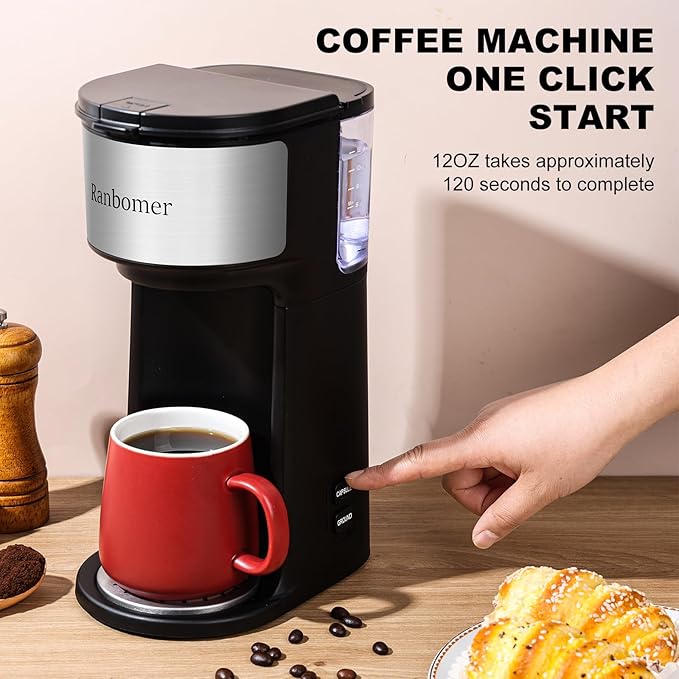 K Cup Coffee Maker, Single Serve coffee machine or Ground Coffee Machine 2 in 1, 6 to 14 Oz Brew Sizes, Mini One Cup Coffee Maker with Self cleaning Function, Fits Travel Mug, Black