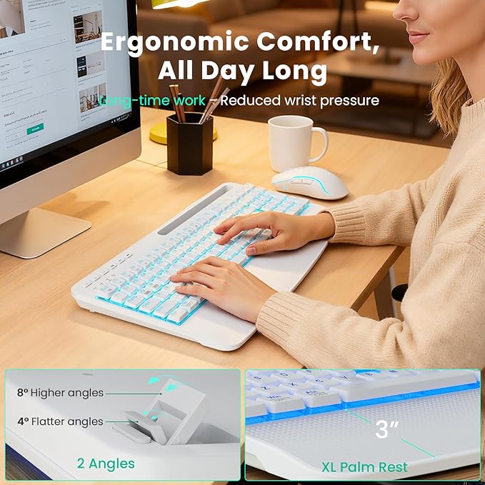 White Keyboard and Mouse Wireless Combo, 4000mAh Rechargeable Backlit Quiet Keyboards mice set, USB Ergonomic Key Board with Wrist Rest & Phone Holder for PC, Mac, Windows, Natural Soft Typing—SABLUTE