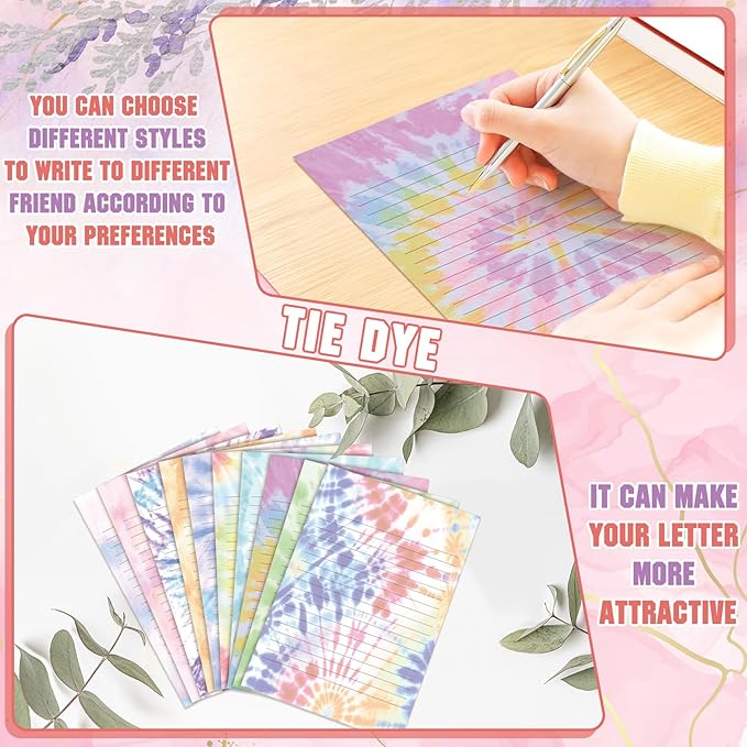 TaoBary 160 Pcs Stationery Paper Set 50 Double Sided Stationery Papers with 50 Matching Envelopes and 60 Round Dot Sticker, 10 Design(Tie Dye,5.5 x 8.25 Inch)