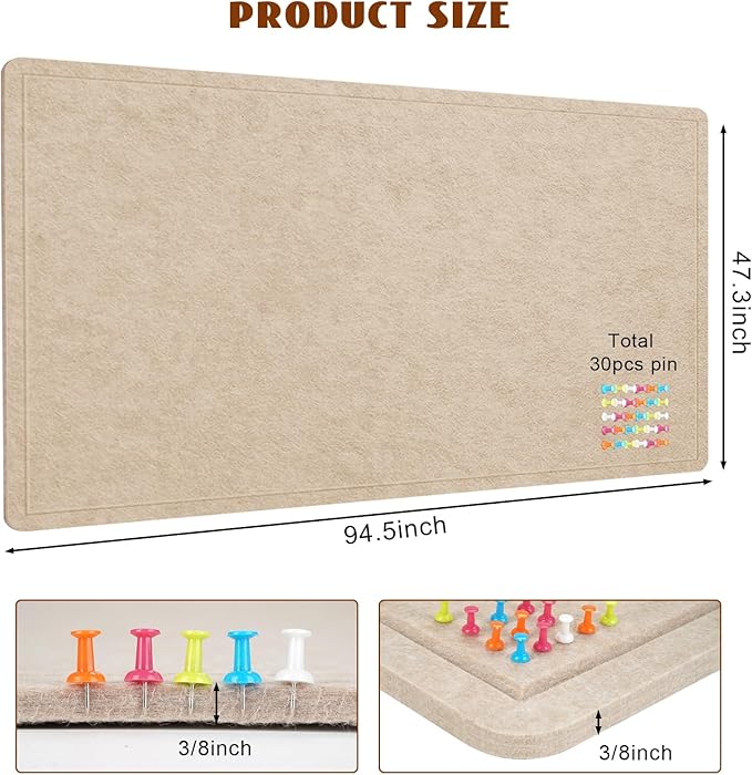 Extra Large Bulletin Board, 96 X 48 inches Cork Board with 30 Pushpin, 8' x 4' Felt Cork Board Notice Pin Board, Self-Adhesive Vision Board Mood Board Foldable Photo Board for Wall - Beige Brown