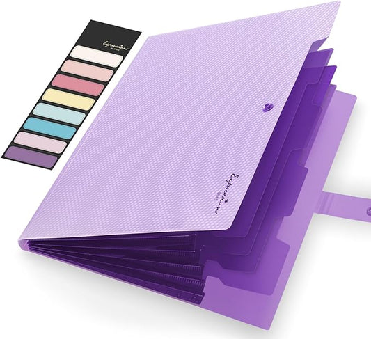 Sooez Expanding File Folder, Letter Size Accordion File Organizer, 5 Pocket Folders for Documents, Cute Folder with Labels, Portable Paper Organizer for School Office Supplies, A4 Size, Purple