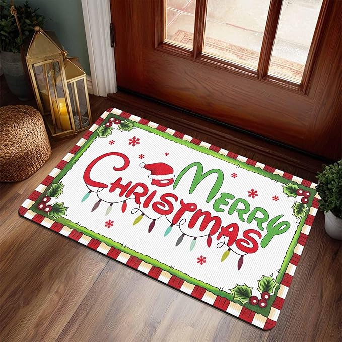 Christmas Door Mat Outdoor, Merry Christmas Plaid Hat Light Snowflakes Welcome Mats for Front Door Holiday Doormat Indoor Entryway Floor Rug for Entrance Outside Home, 18" x 30"Inch