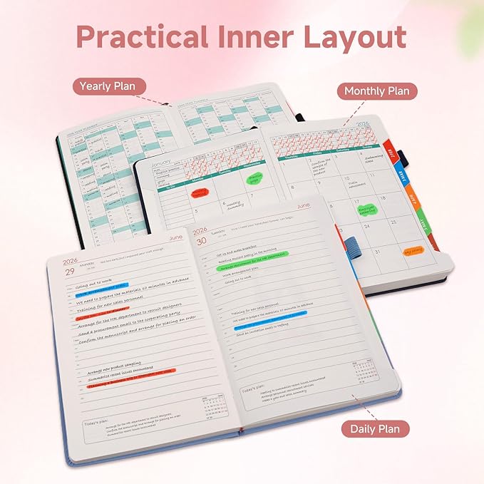 Picoway 2026 Planner A5 400 Pages - Weekly and Monthly Daily Calendar with Thick Paper, One Full Page Per Day Planners from Jan. 2026 - Dec. 2026, Hardcover Notebook ，8.3" x 5.7" (Pink)