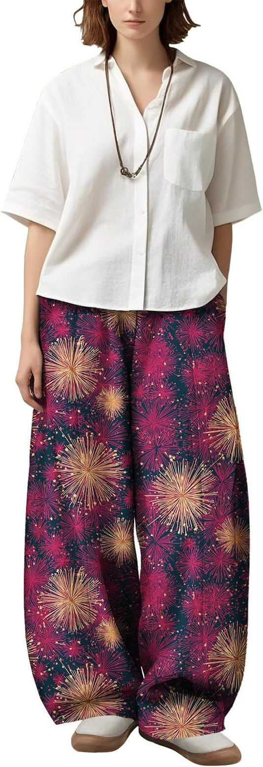 Zaswen Women's Oversize Loose Fit Breathable Pants Wide Leg Lounge Pants Fashion Casual Fireworks Print Trousers with Pockets