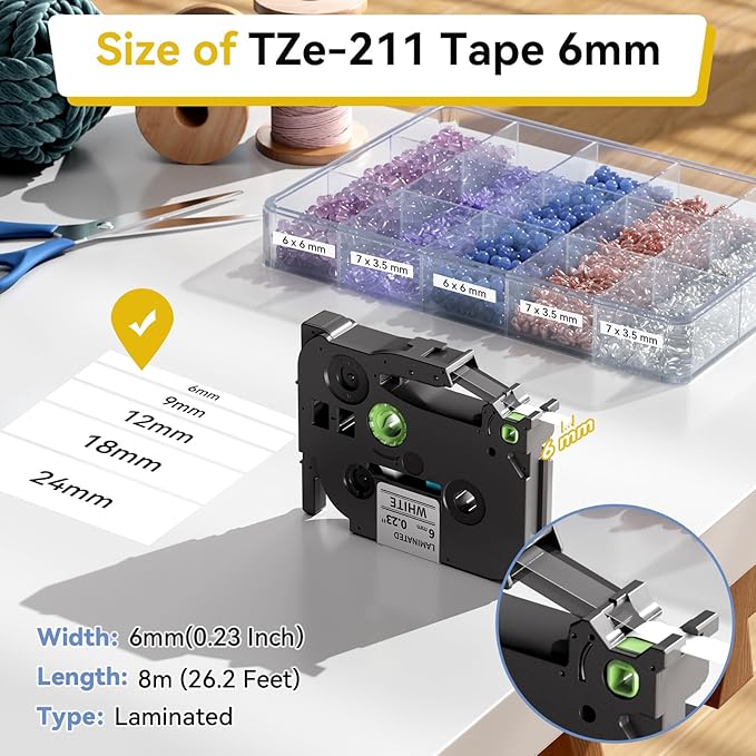 Labelife TZe-211 Label Maker Tape 6mm Compatible with Brother P Touch Label TZe TZ Tape 6mm 0.23 Laminated White 1/4 Inch TZe211 for Ptouch PTD210 PTD220 PTH110 PTD400 PTD600, 5-Pack