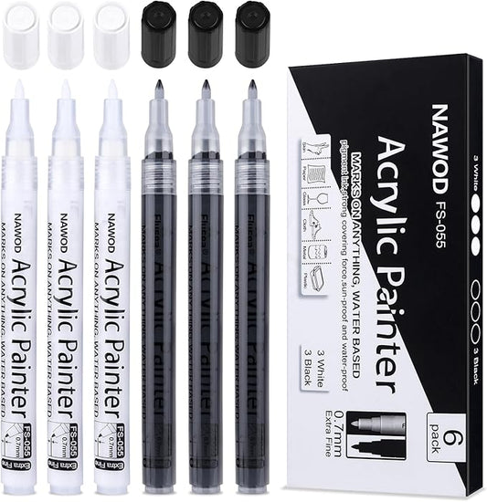 NAWOD Paint Pens White Black Acrylic Marker 6 Pack, Acrylic Permanent Marker, White Paint Pens for Rock Ceramic Wooden Leather Glass Painting Metal Tire, 0.7mm Extra Fine Point Quick Drying