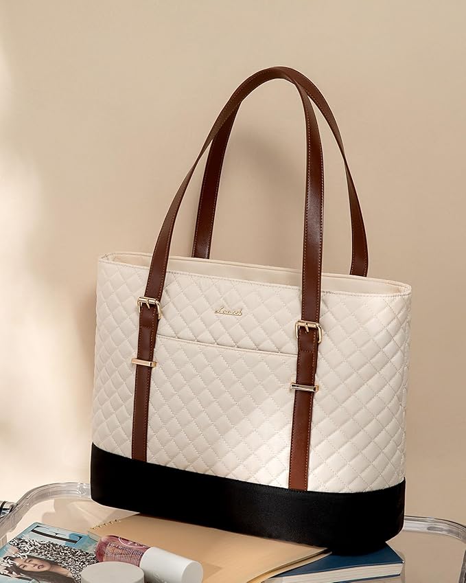 LOVEVOOK Laptop Bag for Women, Work Tote Computer Bag With Large Cup Holder, Lightweight Large Laptop Briefcase, Beige-Brown-Black, 17.3 Inch