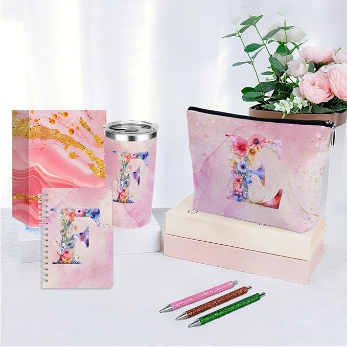 Personalized Gifts Monogrammed Birthday Gifts for Women, Aunt Grandma Retirement Christmas Initial 20 oz Tumbler, Makeup Bag Cup Ballpoint Pens Journal Notebook 6 Set, (Aesthetic Pink Flower F)