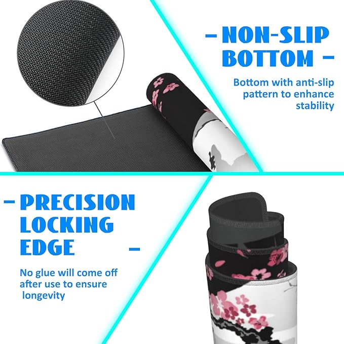Desk Mat, Black and White Cherry Blossom Extended Gaming Mouse Pad Large, 31.5"x11.8" Big Mouse Pad with Non-Slip Base and Stitched Edge, Long Computer Keyboard Mouse Mat for Home Office Work