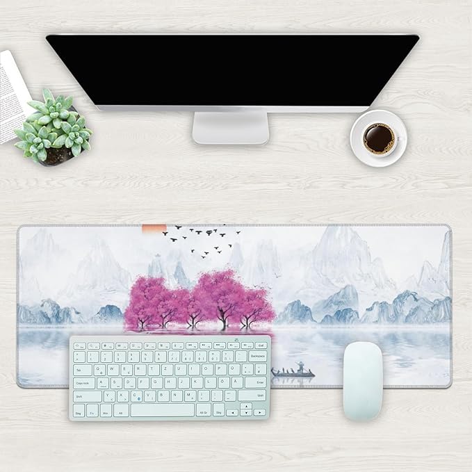 Desk Mat, Cherry Blossom Tree Oil Ink Painting Extended Gaming Mouse Pad Large, 31.5"x11.8" Big Mouse Pad with Non-Slip Base and Stitched Edge, Long Computer Keyboard Mouse Mat for Home Office Work