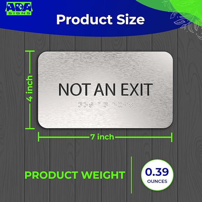 Not An Exit Sign for Business - Office Signs, Aluminum Brushed Silver, Tamper-Proof, Heavy Duty Mounting Tape, Easy Install, Office Décor, ADA Compliant, Grade 2 Braille (7” W x 4” H) ADASigns.org