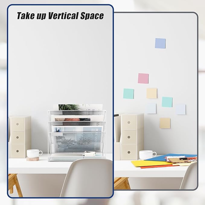 EASEPRES Desk File Organizer Mesh 4-Tier, Hanging Wall Mount Document Organization Stand, Desktop Vertical Mail Paper Folder Holder Rack with Bottom Tray for Office Home Cubicle Countertop, White