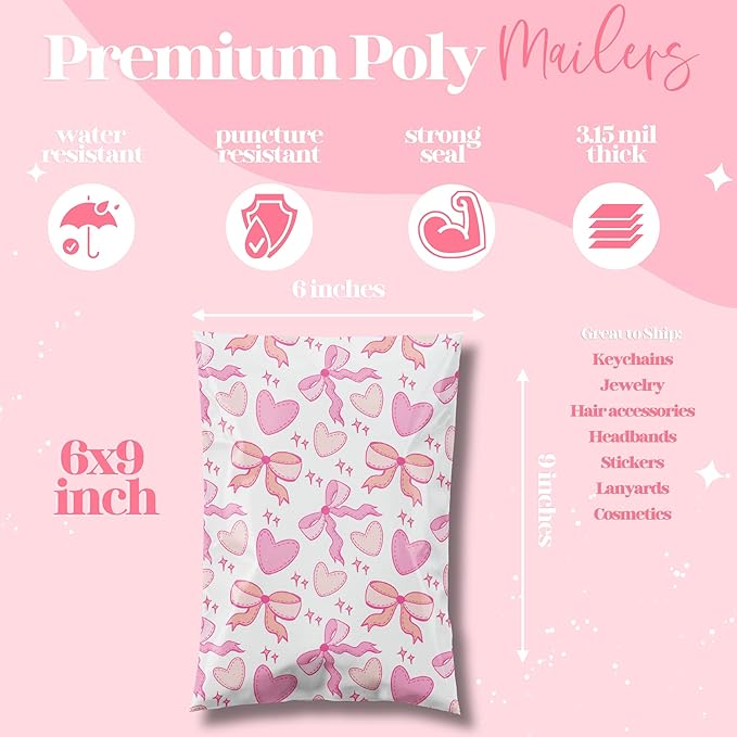 6x9 Designer Poly Mailer 100 Pack Heavy Duty Waterproof Self Seal Shipping Bags for Small Business Large Mailing Envelopes Bulk Tear Resistant Packaging Coquette Bows Hearts