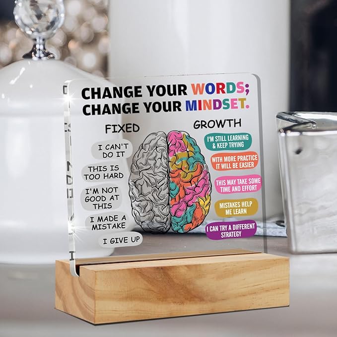 Positive Gifts for Her & Him: Encouragement Growth Mindset Acrylic Desk Plaque Sign with Wood Stand - Keepsake Present