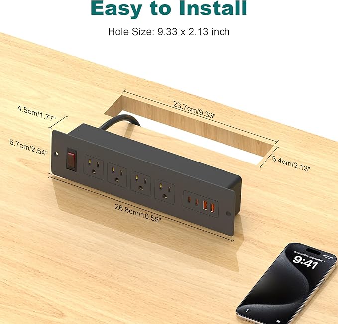 QBA Recessed Power Strip with USB-C 65W, 4 Outlets 2 USB-C & 2 USB-A Ports, Mountable Desk Outlet for Conference Furniture, 45° Angled Flat Plug 6FT Cord, Black