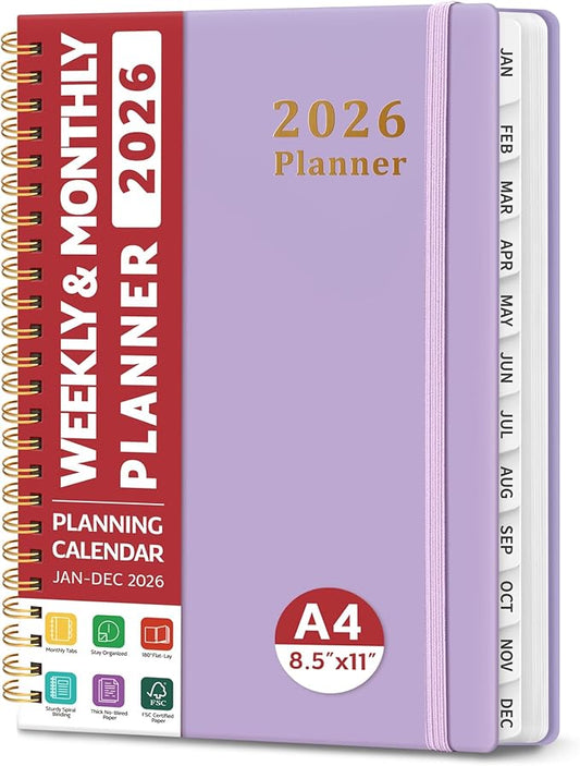 2026 Planner, Weekly and Monthly Calendar Planner, January 2026 - December 2026, Hardcover 2026 Calendar Planner Book with Tabs For Women & Men, Inner Pocket, Spiral Bound, Perfect for Office Home School Supplies - A4 (8.5" x 11"), Purple