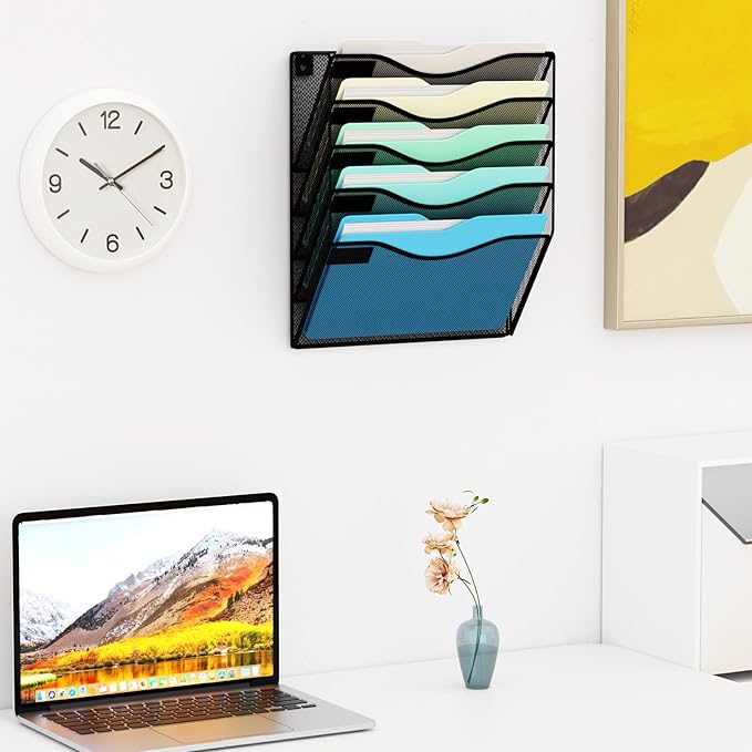 JessYo 5 Pocket Wall File Organizer Wall Mounted Mail Folder Paper Document Holder Clipboard Storage Organization Pocket Vertical Hanging Magazine Rack for Office Home School, Black