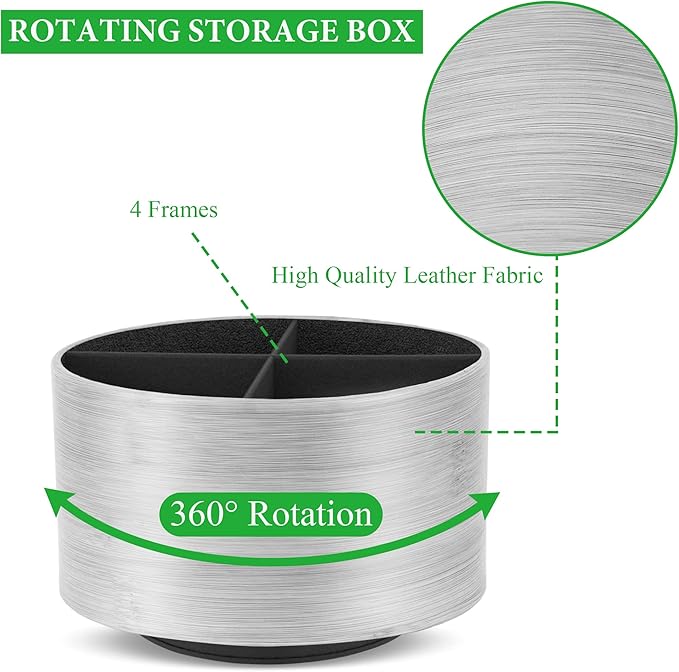 Hennaja Round Leather Art Supply Organizer,Remote Control Holder,360 Degree Spinning,Multi-Functional Pencil Holder,4 Compartments Desktop Stationary Organizer(1-Light Grey2)