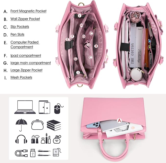 RAINSMORE Laptop Bag for Women 15.6 Inch PU Tote Bag Business Office Work Bag Waterproof Briefcase Computer Tote Lightweight Handbag Shoulder, Pink