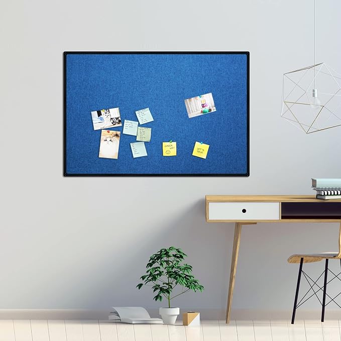 JILoffice Cork Linen Bulletin Board 36 X 24 Inch (Blue), Black Aluminum Frame Wall Mounted Board Memo Pin Board for Office Home and School