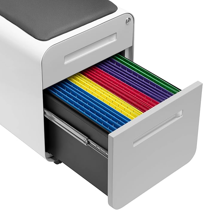 Laura Davidson Furniture STOCKPILE Mini Seated 2 Drawer Mobile File Cabinet with Removable Magnetic Cushion Seat - Short Version, Metal Filing Cabinet, Pre-Assembled, Light Grey Face with Grey Cushion