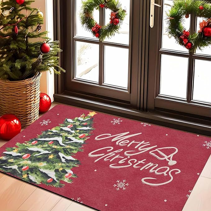 Christmas Doormat Christmas Tree Snowflakes Welcome Mat Farmhouse Floor Mats Outdoor Front Door Mat Front Porch Rugs for Thanksgiving Christmas Indoor Outdoors Decorative, 18" x 30"Inch