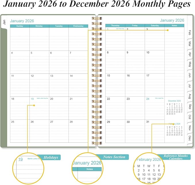 2026 Planner - Planner 2026 from January 2026 - December 2026, Weekly & Monthly Planners Spiral Bound with 12 Monthly Tabs, Inner Pocket, 6.4" x 8.5", Green