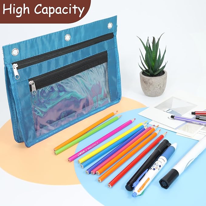 YoeeJob 1 Pack Pencil Pouch for 3 Ring Binder, Expandable Binder Pouches with Zipper, Large Capacity Pen Holder Case with Clear Window School Class Office Organizers, Sky Blue