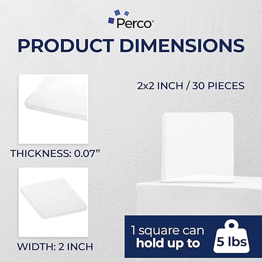 Perco Nano Double Sided Tape Squares, Clear Tape, 30 2"x2" Pre-Cut Mounting Squares – Strong Adhesive for Medium Items, Wall Décor, Mirrors, Posters, Photos, Crafts, Home, Office, DIY Projects