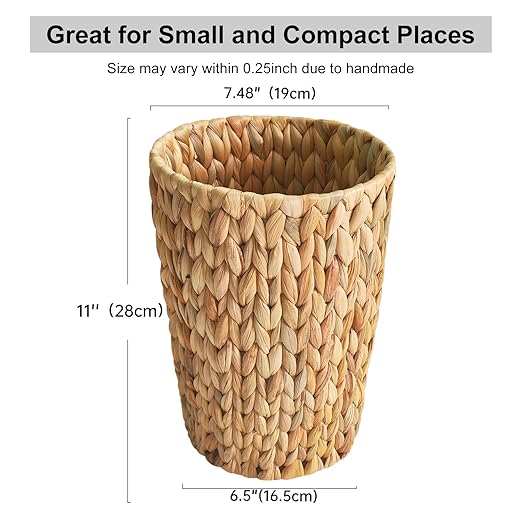 Wicker Trash Can,Small Bathroom Trash Can,Water Hyacinth Wicker Waste Basket for Bathroom,Boho Waste Basket for Bedroom,Home Office,Compact Spaces(2 Gallon Round)