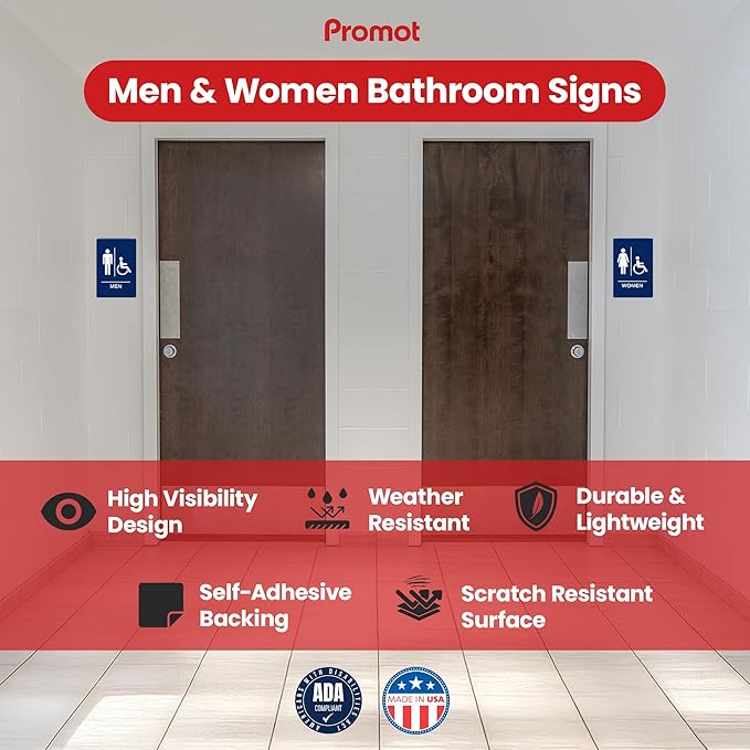 Promot Men and Women Handicap Restroom Sign – ADA Braille Bathroom Sign for Business, Self-Adhesive, 9" x 6", Commercial Door Signage, Office Wall Decor - Blue