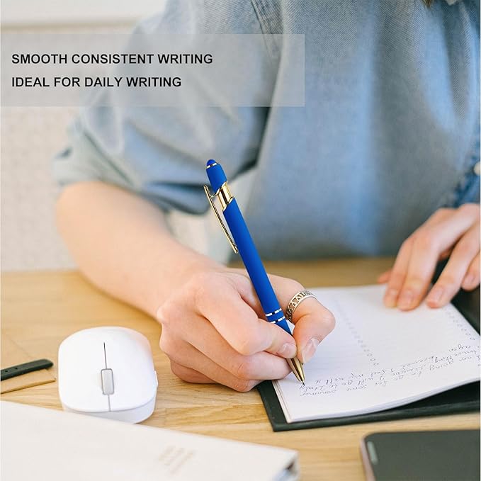 LINFANC 12 Pack Blue Gold Ballpoint Pen with Stylus Tip, 1.0 mm Black Ink Smooth Writing Pens, Metal Stylus Pens for Touch Screens