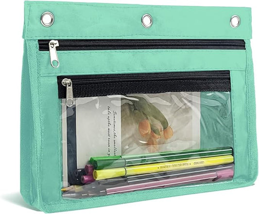 YoeeJob 1 Pack Pencil Pouch for 3 Ring Binder, Expandable Binder Pouches with Zipper, Large Capacity Pen Holder Case with Clear Window School Class Office Organizers, Lake Blue
