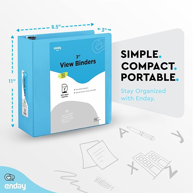 3 Slant D-Ring Binder 3 Inch Blue, 3 in Clear View Cover with 2 Inside Pockets Binder, Heavy Duty Colored School Supplies Binders,Also Available in Green, Grey, Purple, Red, Pink (12 PC) – by Enday