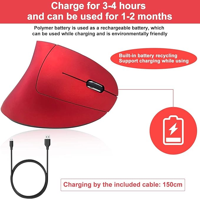 Vassink Ergonomic Rechargeable Wireless Mouse, 2.4Hz Rechargeable Wireless Vertical Optical Mice with USB Receiver, 6 Buttons, 800/1200/1600 DPI RED