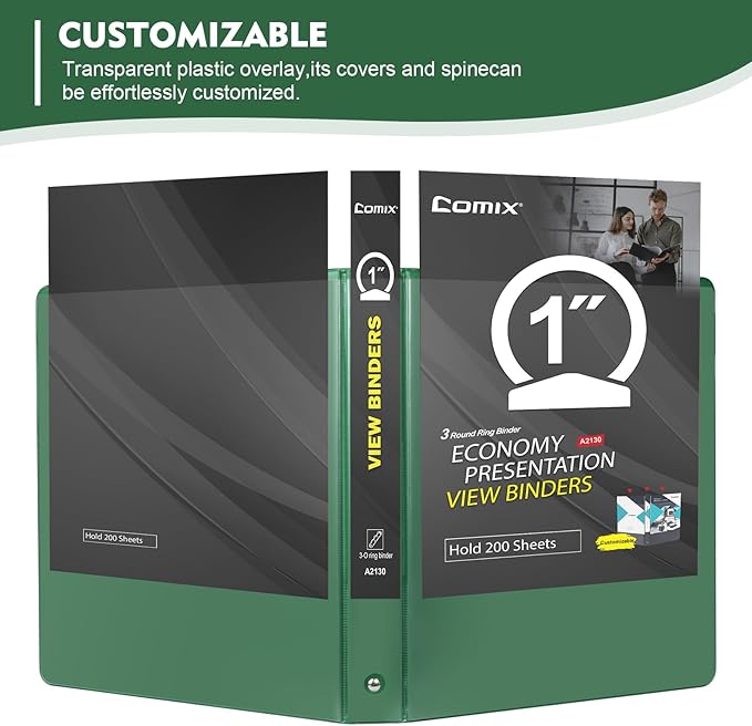 COMIX 3 Ring Binder 1 inch with Clear View Cover, 1" View Binder Holds 200 Sheets of US Letter Size Paper, 6 Pack (Green)